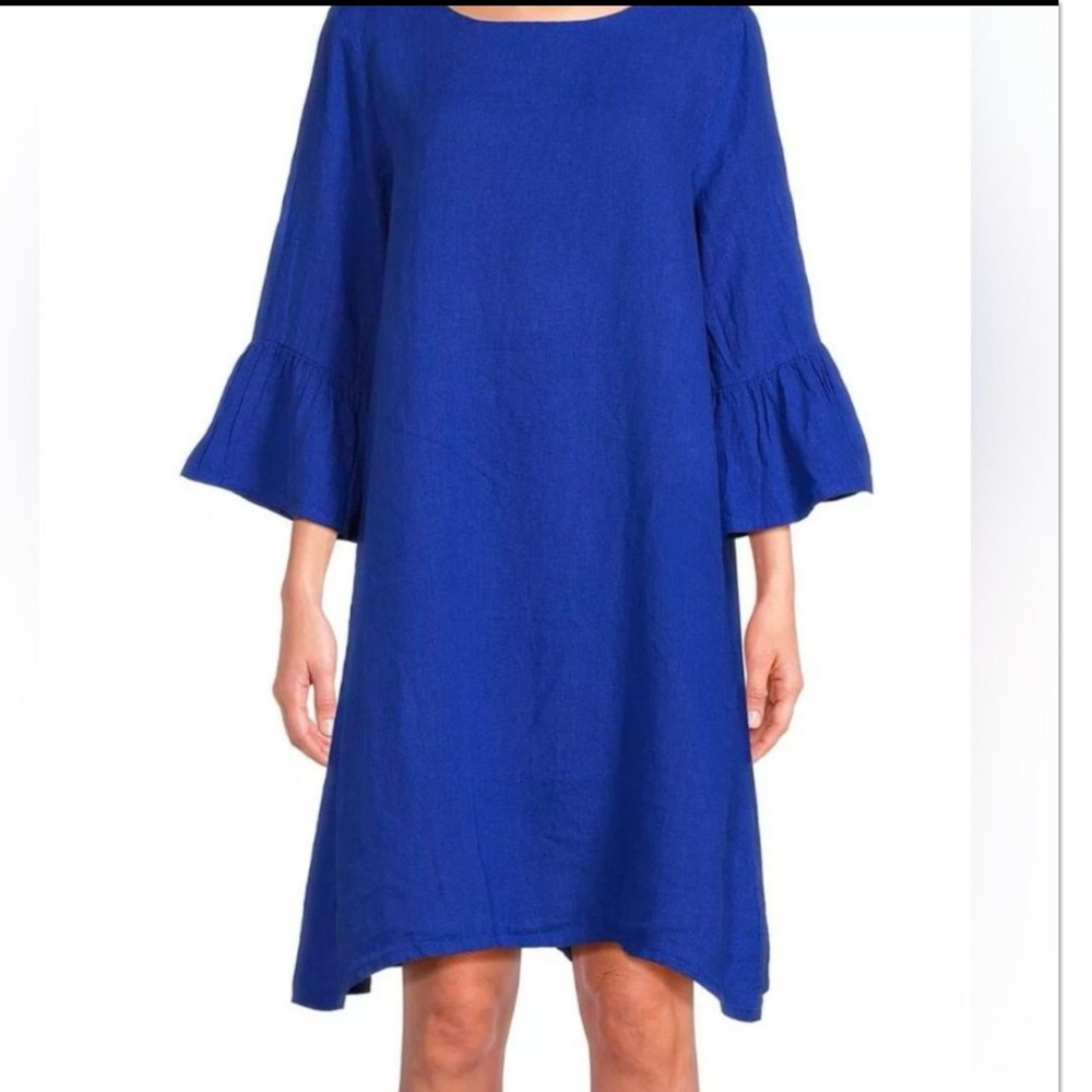 Bryn Walker Phryne Shift Dress L Ocean Blue Bell Sleeve Linen Lagenlook Boho